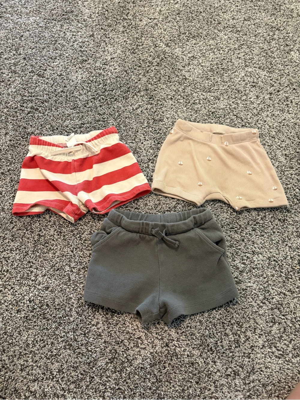 Set of 3 Baby/Toddler Knit Shorts - Red Stripe, Beige Sailboats, Gray